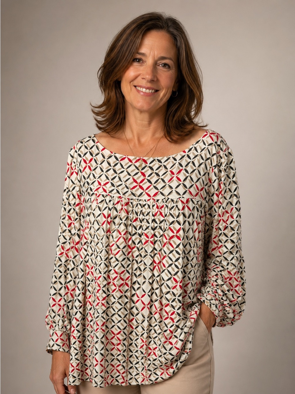 Josephine Essentials Red and Black Geometric Long Sleeve Tunic